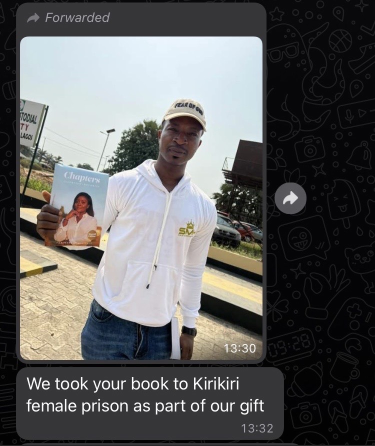 Screenshot showing CHAPTERS book taken to Kirikiri female prison as a gift.
